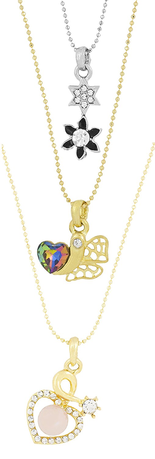 Heart 18K Gold Plated CZ Pearl Necklace Pendant Chain Set Girls