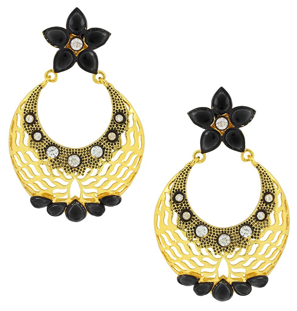 Filigree Flower Chaand Bali Black American Diamond Cz Gold Earring