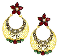 Filigree Flower Chaand Bali Black American Diamond Cz Gold Earring