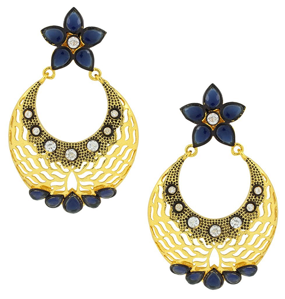 Filigree Flower Chaand Bali Black American Diamond Cz Gold Earring