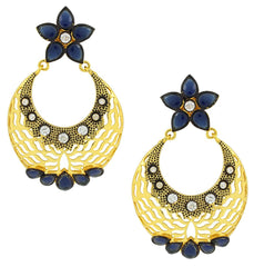 Filigree Flower Chaand Bali Black American Diamond Cz Gold Earring