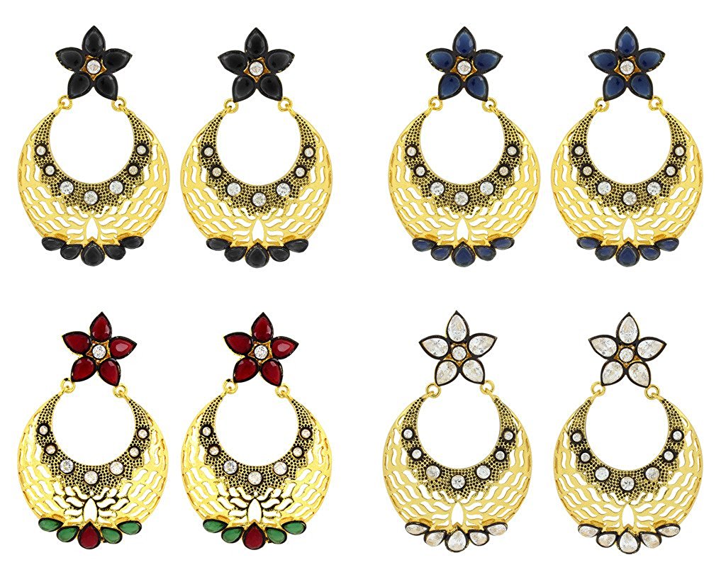 Filigree Flower Chaand Bali Black CZ Gold Earring