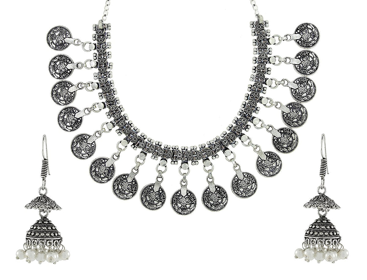 Tribal Bohemian Pearl Oxidized German Silver Plated Bass Necklace Earring Combo For Women