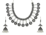 Tribal Bohemian Pearl Oxidized German Silver Plated Bass Necklace Earring Combo For Women