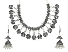 Tribal Bohemian Pearl Oxidized German Silver Plated Bass Necklace Earring Combo For Women