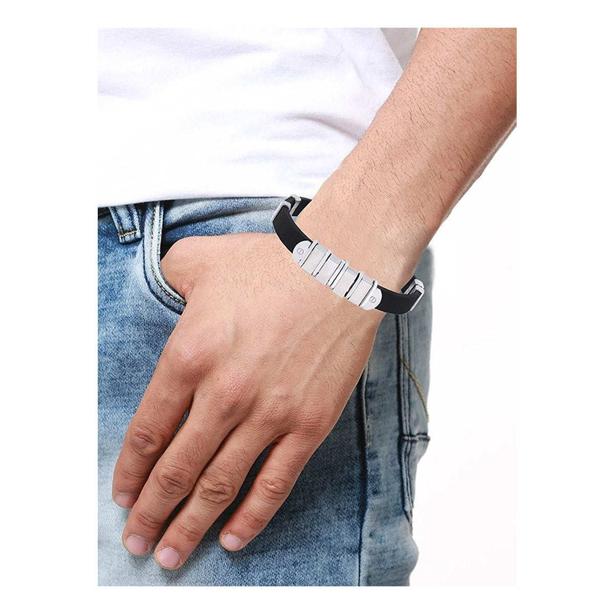 Black Surgical Stainless Steel Rubber Bracelet For Men