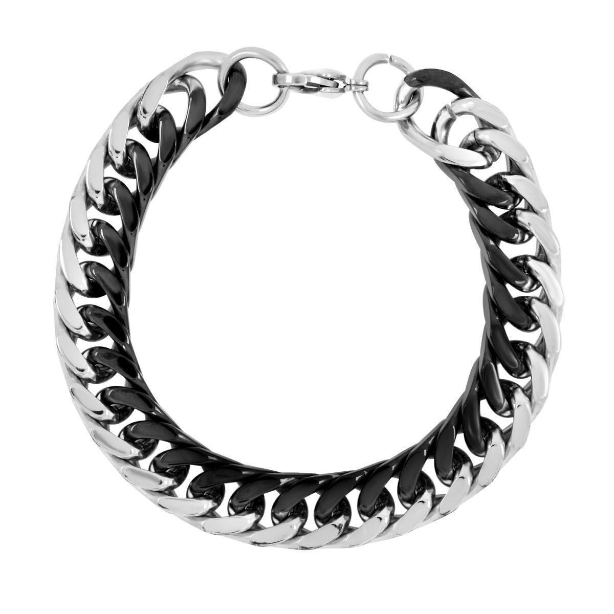 Silver Black Curb Stainless Steel Bracelet For Men