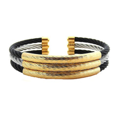 Triple Black Silver Gold Rope Wire Stainless Steel Cuff Kada Free Size Bracelet