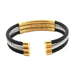 Triple Black Silver Gold Rope Wire Stainless Steel Cuff Kada Free Size Bracelet