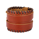 Brown Leather Black Border Stitched Buckle Fre Siz Bracelet For Men