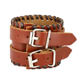 Brown Leather Black Border Stitched Buckle Fre Siz Bracelet For Men