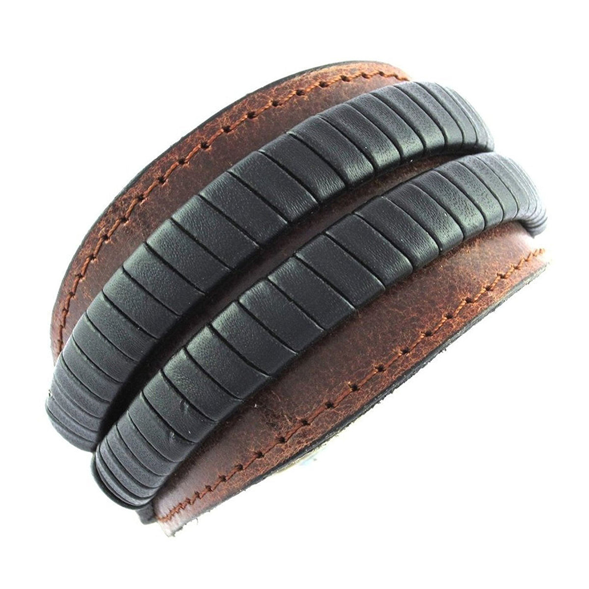 Brown Black Leather Stitched Vein S Wrist Band Bracelet For Men