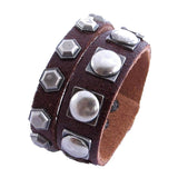 Genuine Brown Leather Twin Layer Studded Wrist Band Bracelet For Men