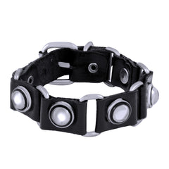 Black Leather Steel Bullet Bracelet Strap Strand Free Size For Men
