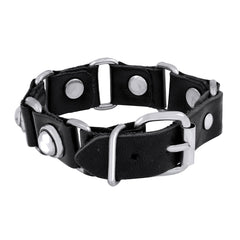 Black Leather Steel Bullet Bracelet Strap Strand Free Size For Men