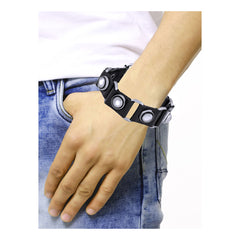Black Leather Steel Bullet Bracelet Strap Strand Free Size For Men