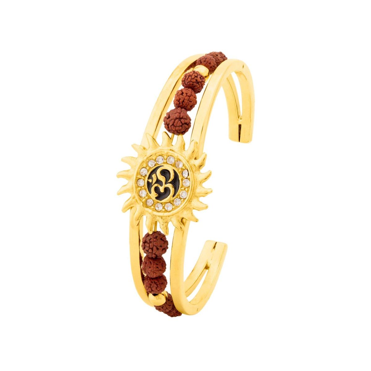 Rudraksh American Diamond Gold Plated Cuff Kada Bracelet For Men