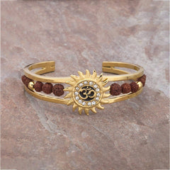 Rudraksh American Diamond Gold Plated Cuff Kada Bracelet For Men