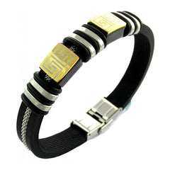 Stainless Steel Gold Silver Plated Black Rubber Strap Mens Bracelet