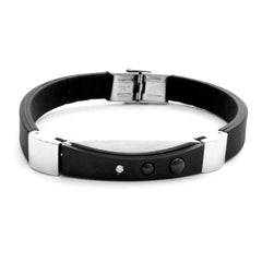Stainless Steel Cz Curve Black Rubber Strap Free Size Bracelet For Men