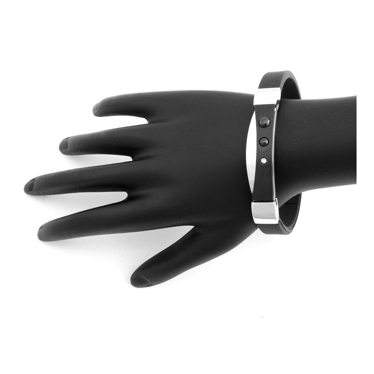 Stainless Steel Cz Curve Black Rubber Strap Free Size Bracelet For Men