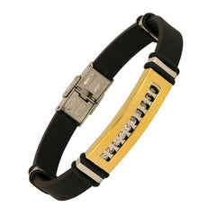 Stainless Steel Cz Gold Rubber Wrist Band Bracelet For Men