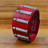 Men Genuine Cherry Red Leather Bullet Wrist Band Bracelet For Men