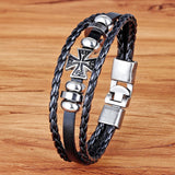 Funky Biker Cross Vintage Black Leather Strand Bracelet For Men