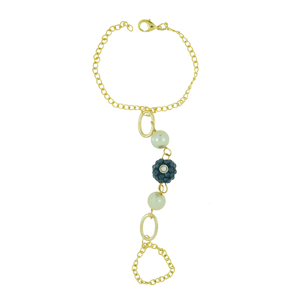 18K Gold Blue Bead Hand Harness Haath Phool Hath Panja Bracelet Chain