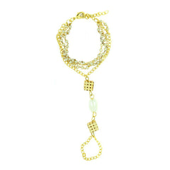 Gold Pearl Hand Thong Haath Phool Chain Ring Bracelet