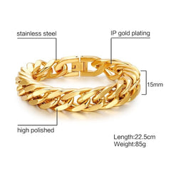 Italian 3D Curb Links 22K Gold Plated Stainless Steel Bracelet For Men