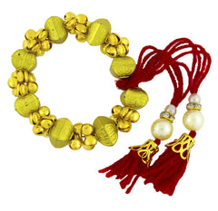 Maroon Thread Gold Pearl CZ Stretchable Bracelet Bangle