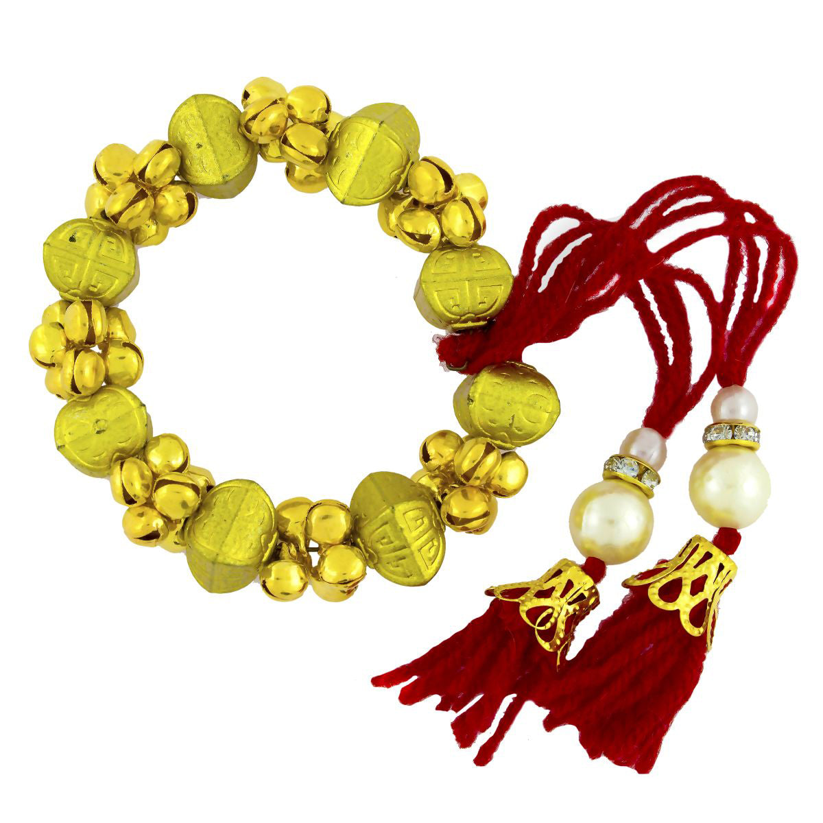 Handcrafted Red Thread Gold Beads Pearl Cz Free Size Stretch Bracelet