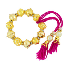 Handcrafted Pink Thread Gold Beads Filigree Pearl Cz Stretch Bracelet