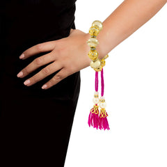 Handcrafted Pink Thread Gold Beads Filigree Pearl Cz Stretch Bracelet