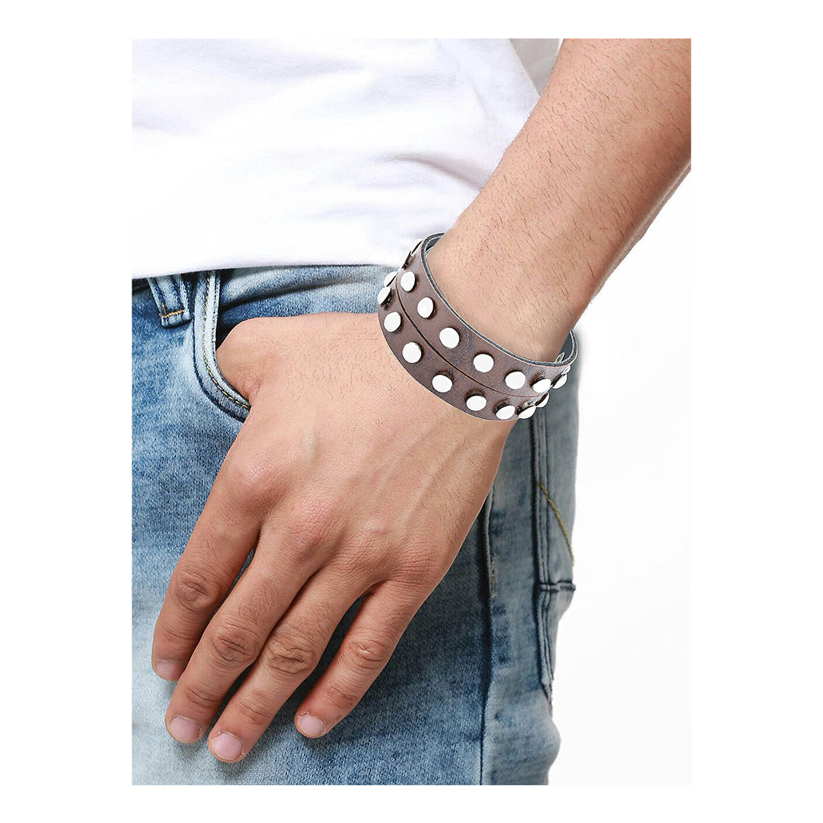 Funky Biker Brown Faux Leather Wrist Band Strap Bracelet For Men