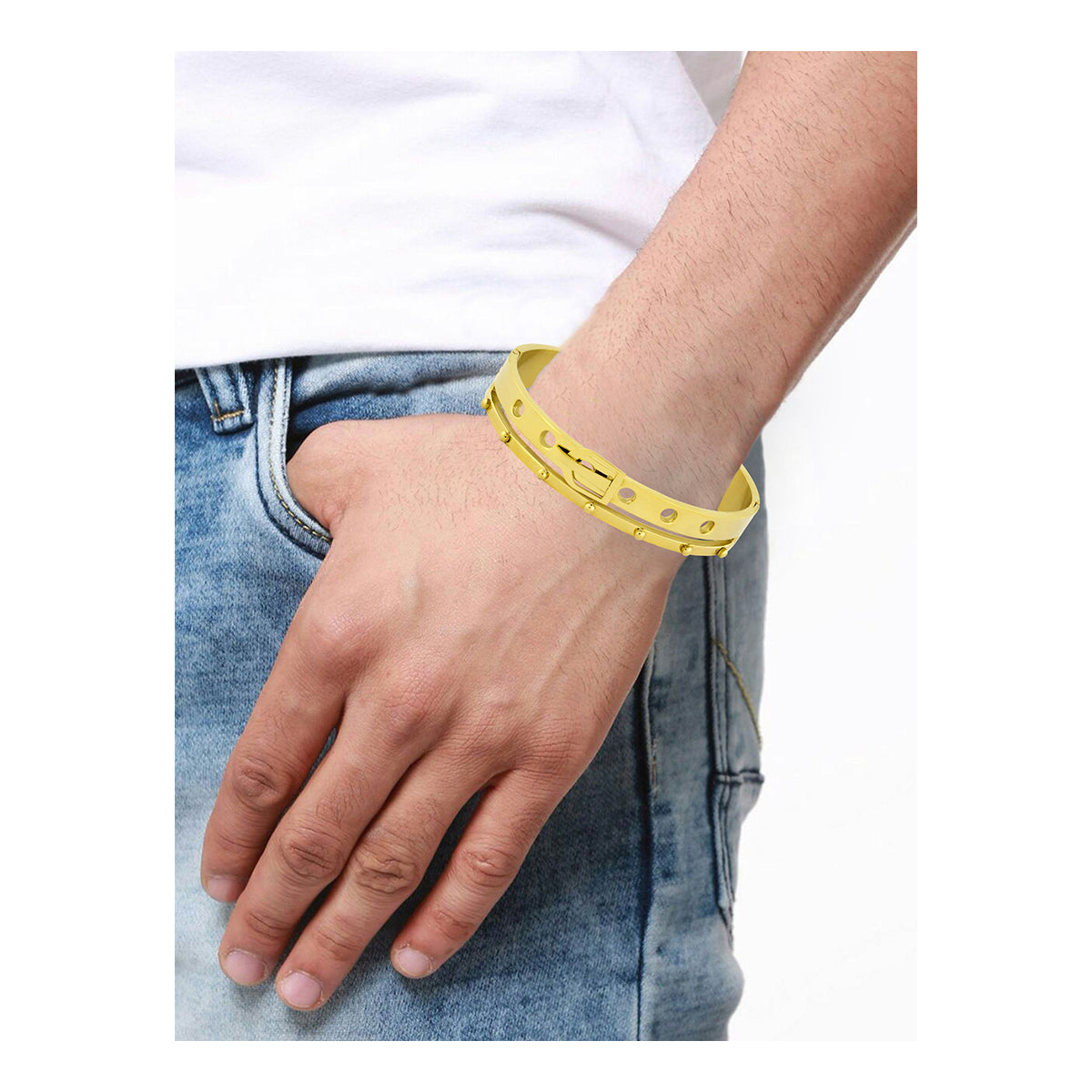Belt 18K Gold Stainless Steel Openable Bangle Cuff Kada Bracelet Men
