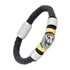 Lion Punk Black Leather Stainless Steel Wrist Band Bracelet Men