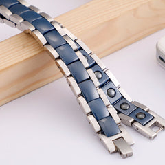 Navy Blue Ceramic Silver 316L Stainless Steel Magnetic Bracelet Men