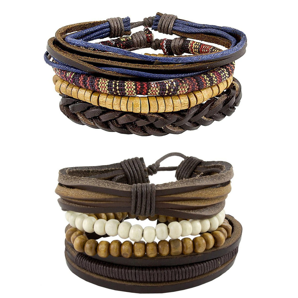 Leather Biker Brown Beads Multistrand Wrist Band Bracelet Combo