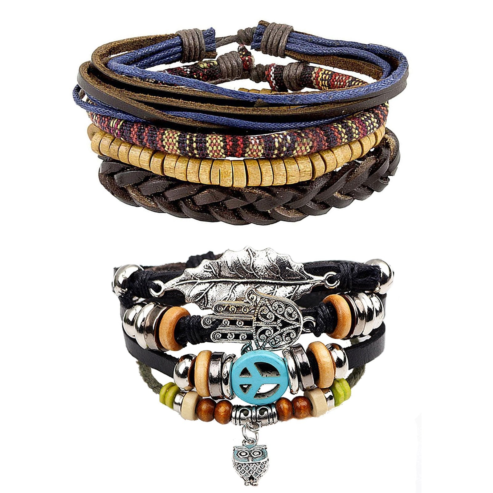 Leather Biker Hamsa Hand Peace Owl Strand Wrist Band Bracelet Combo