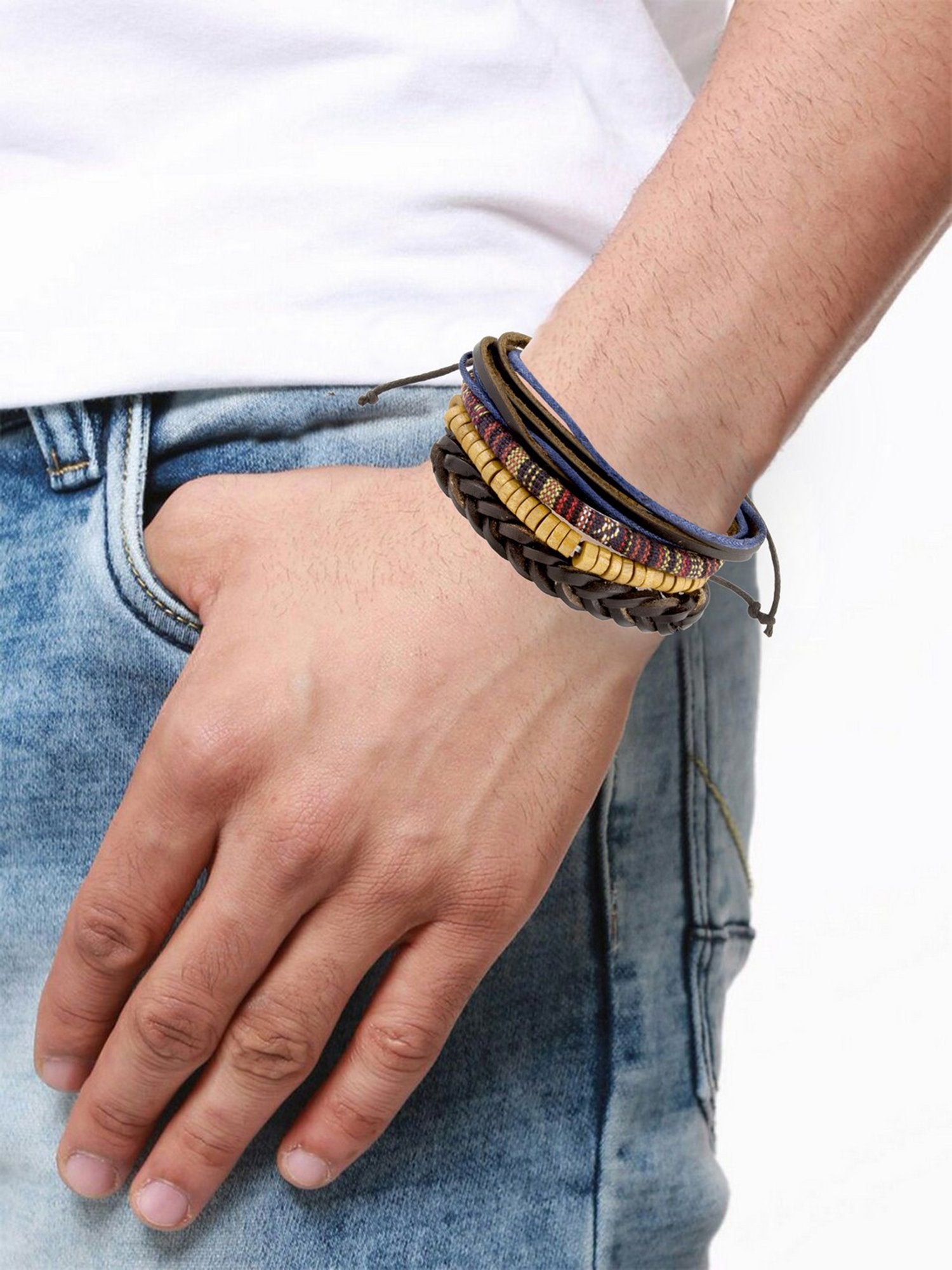Leather Biker Hamsa Hand Peace Owl  Strand Wrist Band Bracelet Combo