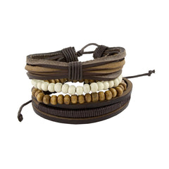 Biker Multi Strand Brown Bead Leather Wrist Band Strap Bracelet Men