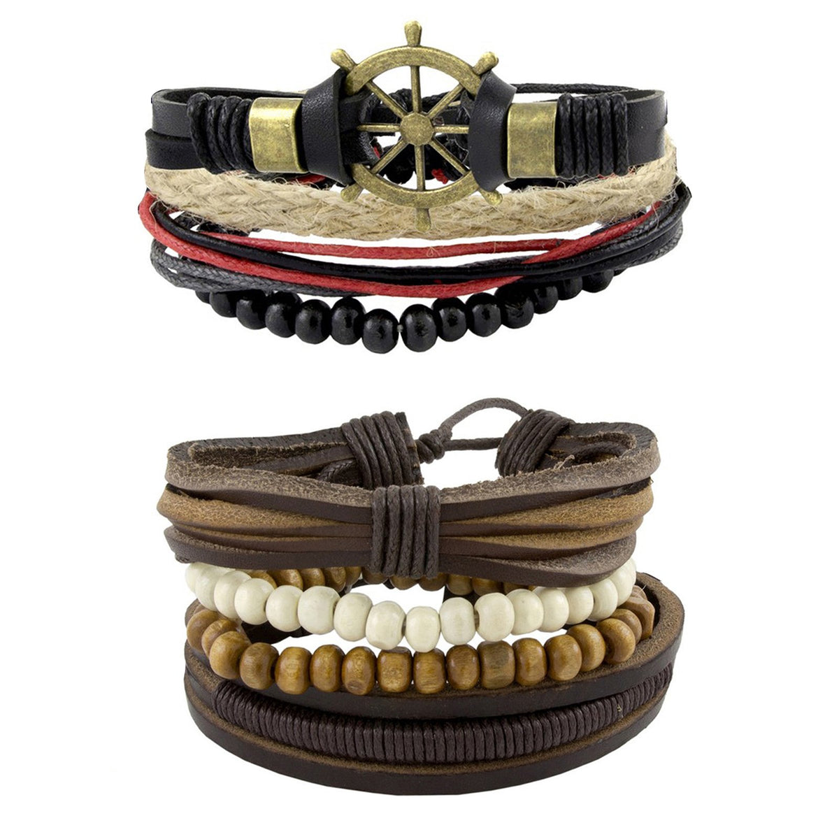 Leather Thread Brown Biker Bead Strap Strand Wrist Band Bracelet Combo