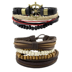 Leather Thread Brown Biker Bead Strap Strand Wrist Band Bracelet Combo