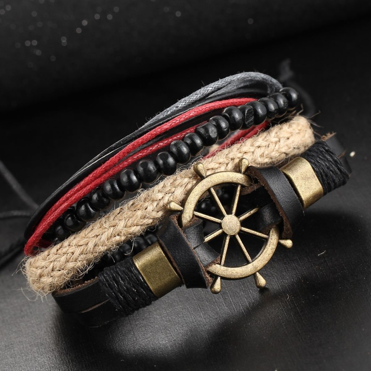 Multi Strand Leather Thread Black Beads Multicolor Wrist Band Bracelet