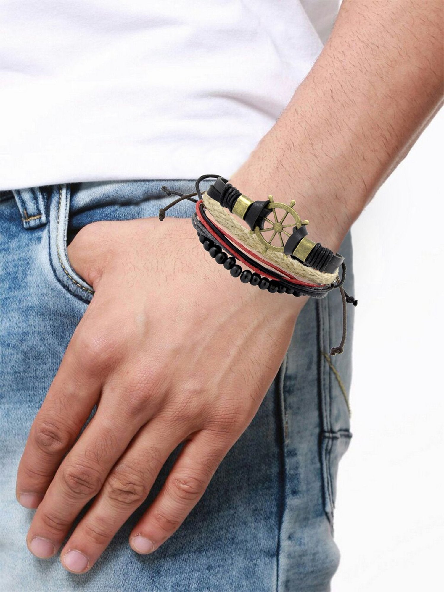 Leather Thread Brown Biker Bead Strap Strand Wrist Band Bracelet Combo