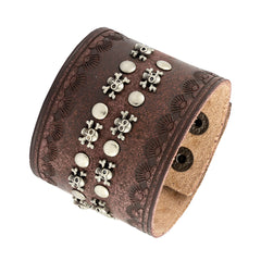 Skull Biker Punk Funky Brown Leather Wrist Band Bracelet Men