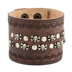 Skull Biker Punk Funky Brown Leather Wrist Band Bracelet Men