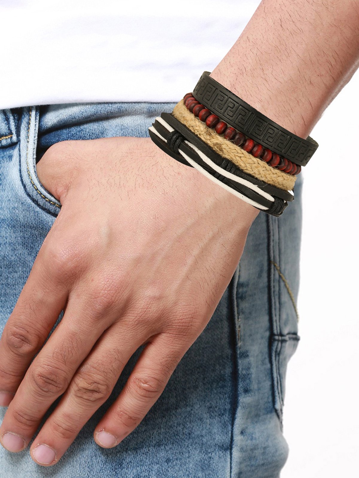 Leather Eyes Multilayer Made Charm Strand Wrist Band Bracelet Combo